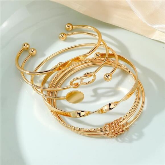 Gold Bangle Bracelets Set Stackable Open Adjustable Cuff Bracelets - Picture 5 of 6